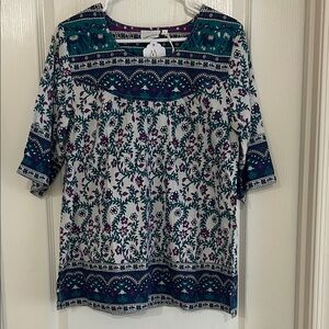 Floral Print Yoke Tunic Top in Teal, Purple and White PTP 19” length 27”